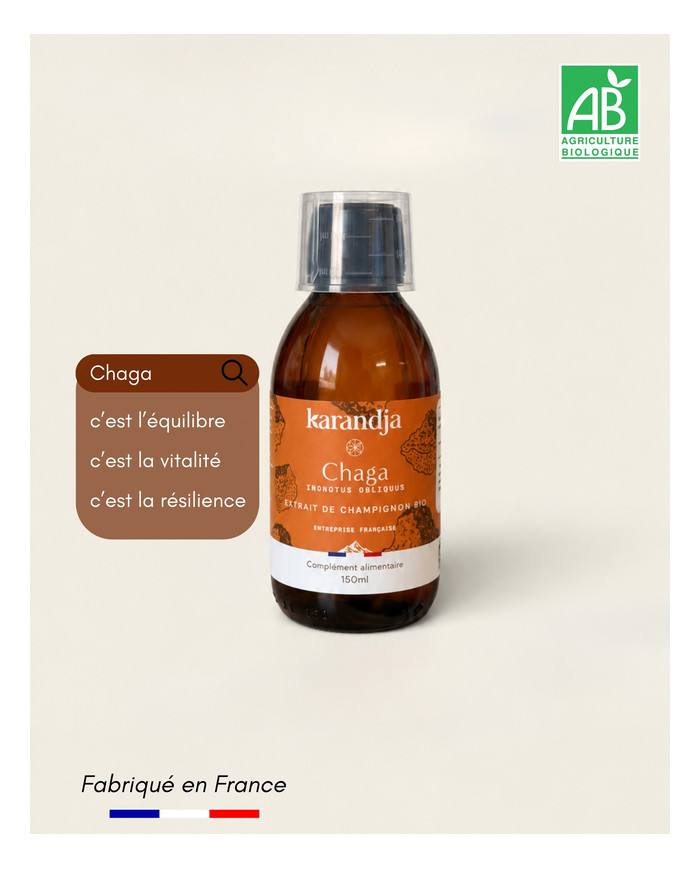 karandja-mycostim-chaga-150ml-bio-3.jpg Extrait de champignon bio Chaga 150 ml, flacon en verre ambré – vue 4